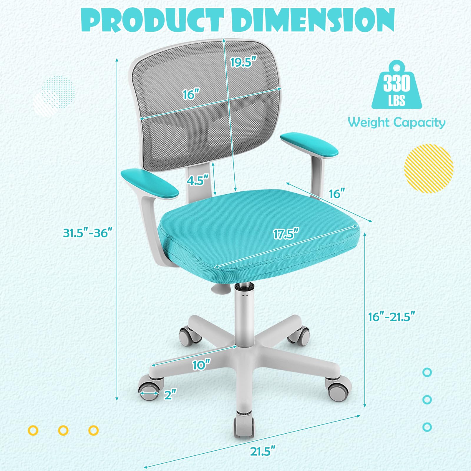 POWERSTONE Kids Desk Chair, Adjustable Mesh Computer Chair with Armrest, Soft Cushion and Mid Back Swivel Office Chair for Teens Students (Green)