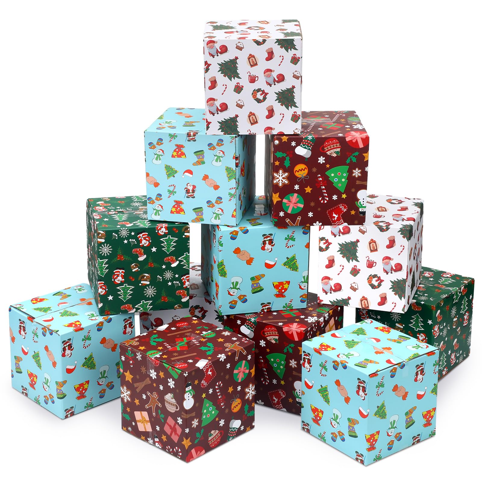 Cholemy 20 Pack Christmas Shipping Boxes Christmas Gift Boxes Decorative 4 Designs Empty Recyclable Cardboard Xmas Mix Pattern Christmas Box for Wrapping Holiday Present Small Business (5 x 5 x 5 In)