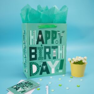 13" Large Green Gift Bags Set with Greeting Card and Tissue Papers (Green Happy Birthday) for Men's or Women's Birthday Parties, Boys', Girls', or Kids' Parties, Baby Showers, Baby Boys or Girls-