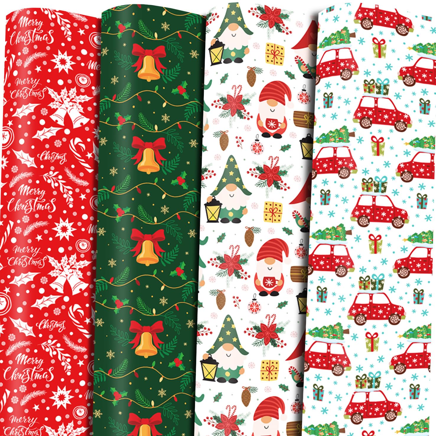 RiukRaiu Christmas Wrapping Paper For Kids Men Women Gift's.Xmas Design-Gift Wrap Contain Tree Car Snowflake Gnome Small Bell&Merry Christmas Font.8 Sheets 20 X 29 Inch, Folded Flat Not Roll…