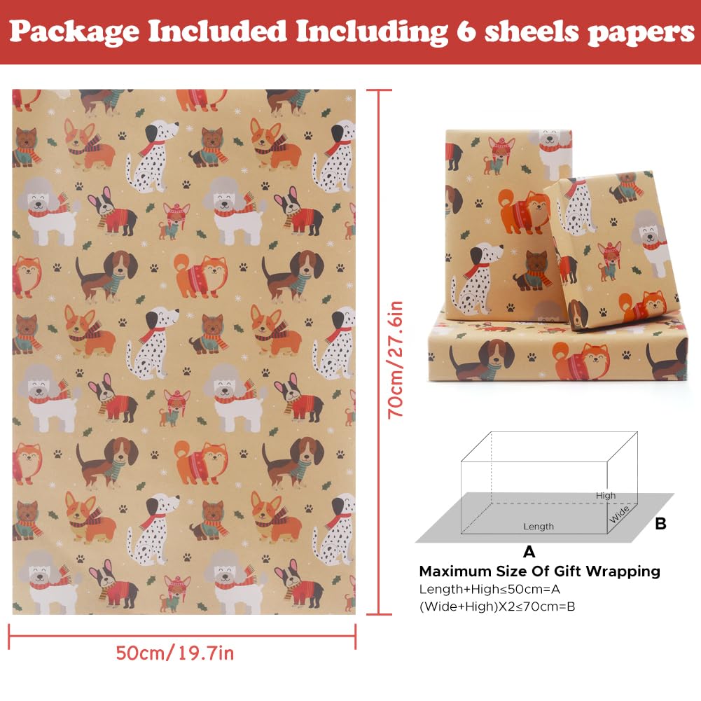 AircooL Dog Gift Wrapping Paper, Puppy Paw Birthday Gift Wrap Paper, 6 Folded Sheets 30 x 20 Inch Dog Gift Paper for Kids Boys Girls Family Friends Kids Christmas Holidays