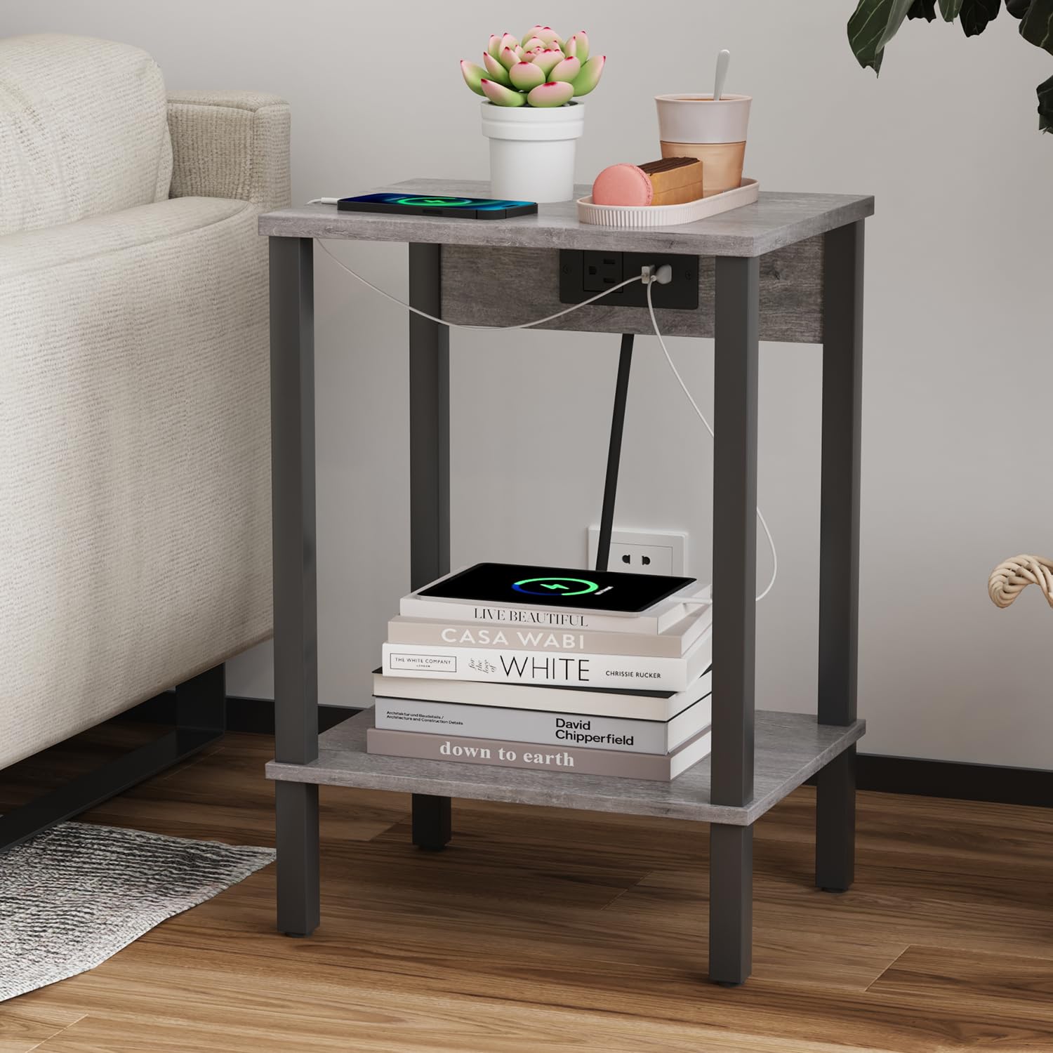 VIMBER Set of 2 End Table with Charging Station, Narrow Side Table with USB Ports and Outlets, Nightstands with 2-Tier Storage Shelves, Sofa Table for Small Space Living Room Bedroom, Grey