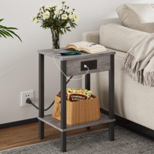 VIMBER Set of 2 End Table with Charging Station, Narrow Side Table with USB Ports and Outlets, Nightstands with 2-Tier Storage Shelves, Sofa Table for Small Space Living Room Bedroom, Grey