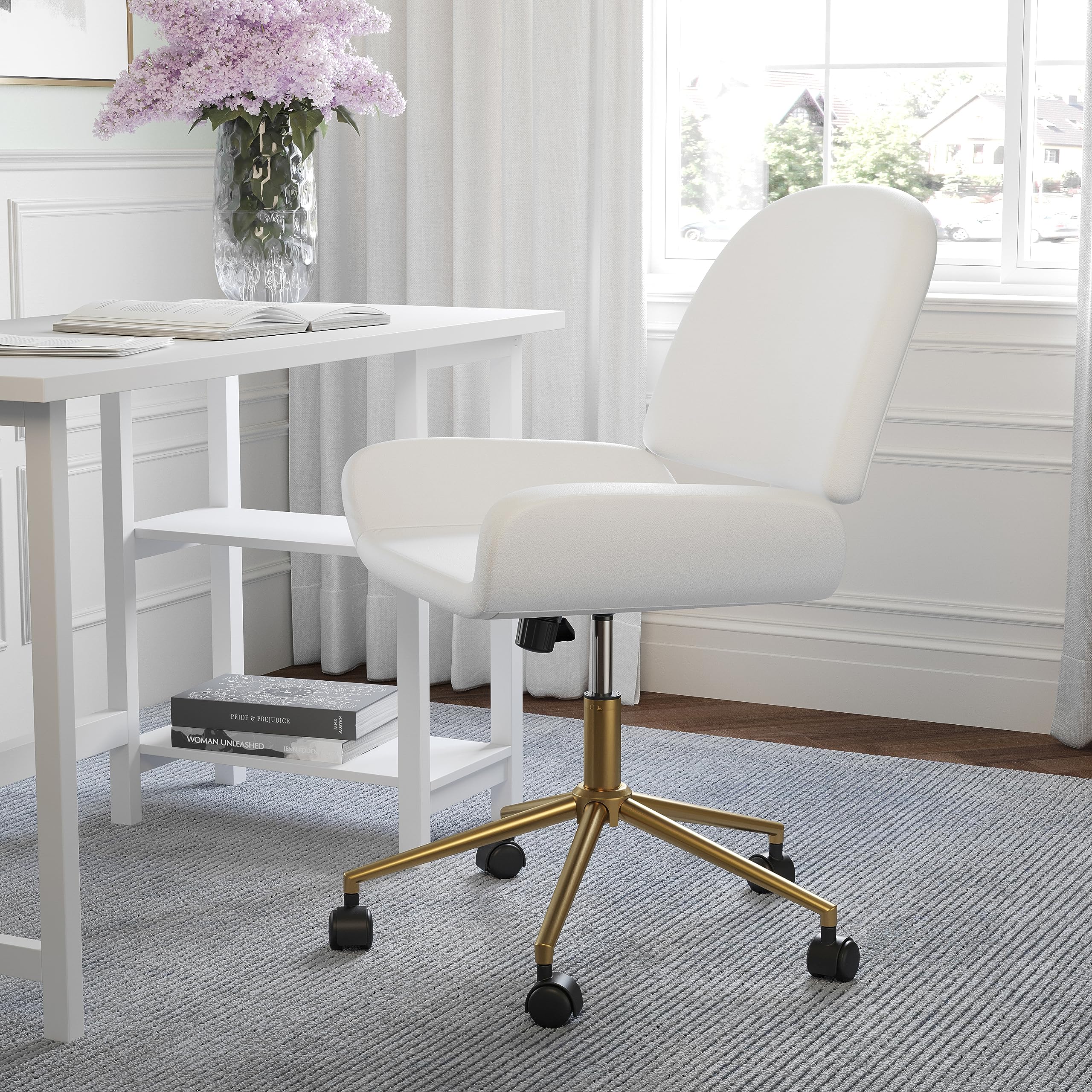 Martha Stewart Tyla Armless Swivel Task Chair for Home Office in White Faux Leather with Polished Brass Frame