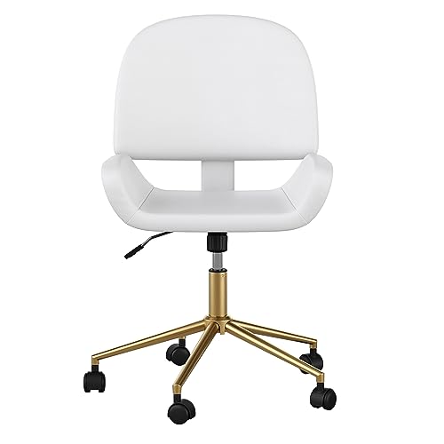 Martha Stewart Tyla Armless Swivel Task Chair for Home Office in White Faux Leather with Polished Brass Frame