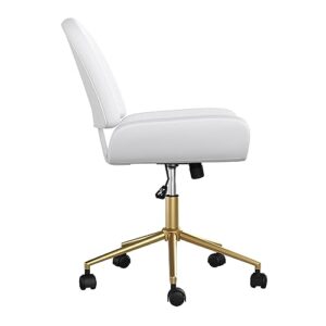 Martha Stewart Tyla Armless Swivel Task Chair for Home Office in White Faux Leather with Polished Brass Frame