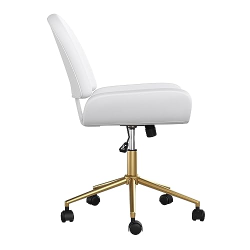 Martha Stewart Tyla Armless Swivel Task Chair for Home Office in White Faux Leather with Polished Brass Frame