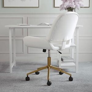 Martha Stewart Tyla Armless Swivel Task Chair for Home Office in White Faux Leather with Polished Brass Frame