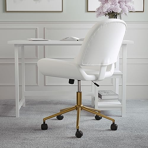 Martha Stewart Tyla Armless Swivel Task Chair for Home Office in White Faux Leather with Polished Brass Frame