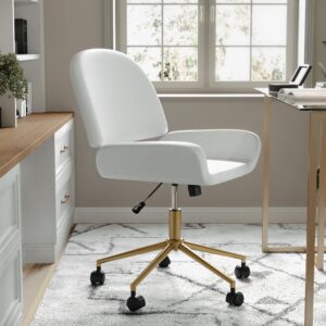 Martha Stewart Tyla Armless Swivel Task Chair for Home Office in White Faux Leather with Polished Brass Frame