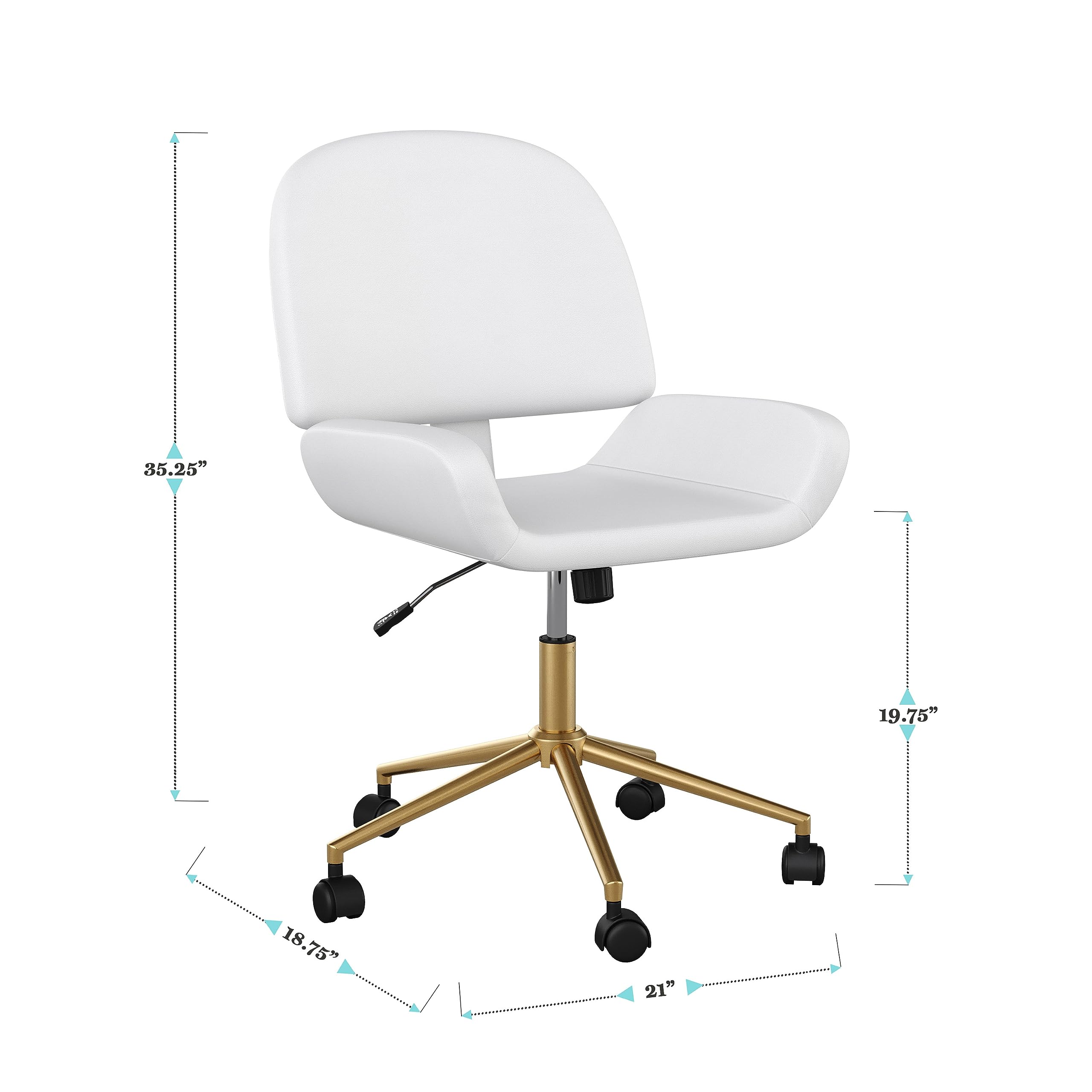 Martha Stewart Tyla Armless Swivel Task Chair for Home Office in White Faux Leather with Polished Brass Frame