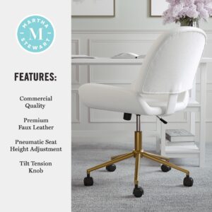 Martha Stewart Tyla Armless Swivel Task Chair for Home Office in White Faux Leather with Polished Brass Frame