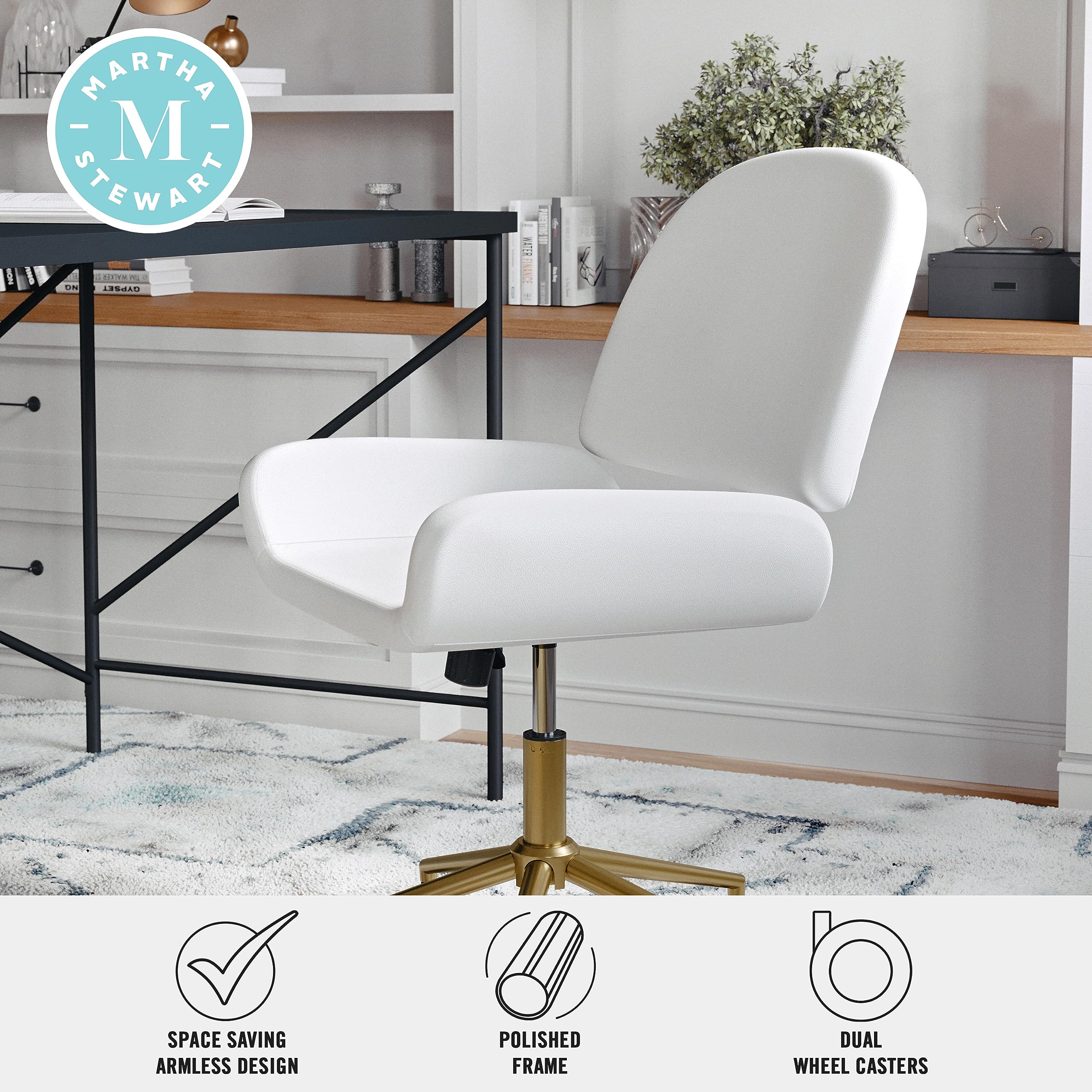 Martha Stewart Tyla Armless Swivel Task Chair for Home Office in White Faux Leather with Polished Brass Frame