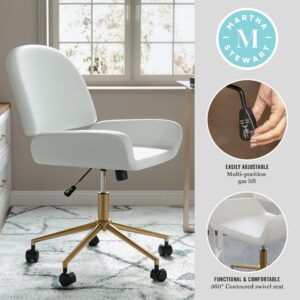 Martha Stewart Tyla Armless Swivel Task Chair for Home Office in White Faux Leather with Polished Brass Frame