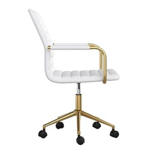 Martha Stewart Taytum Swivel Task Chair with Armrests for Home Office in White Faux Leather with Polished Brass Frame