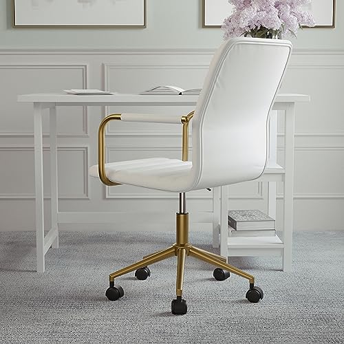 Martha Stewart Taytum Swivel Task Chair with Armrests for Home Office in White Faux Leather with Polished Brass Frame