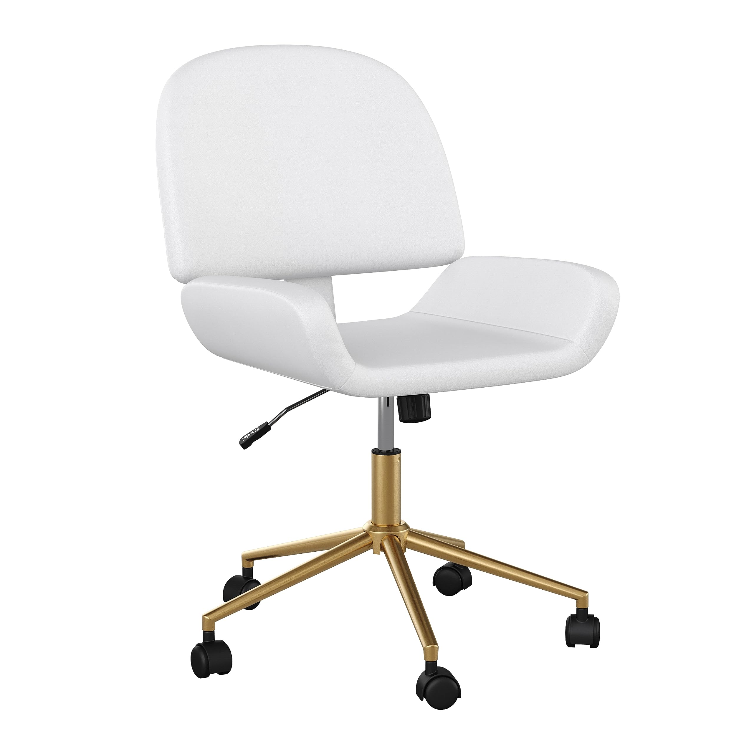 Martha Stewart Tyla Armless Swivel Task Chair for Home Office in White Faux Leather with Polished Brass Frame