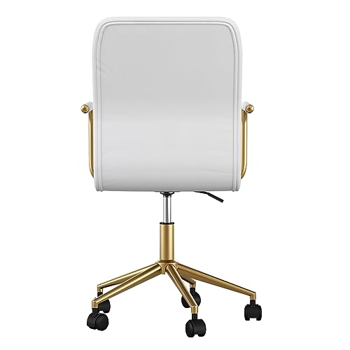 Martha Stewart Taytum Swivel Task Chair with Armrests for Home Office in White Faux Leather with Polished Brass Frame