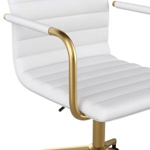 Martha Stewart Taytum Swivel Task Chair with Armrests for Home Office in White Faux Leather with Polished Brass Frame