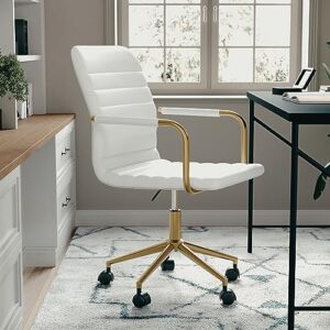 Martha Stewart Taytum Swivel Task Chair with Armrests for Home Office in White Faux Leather with Polished Brass Frame