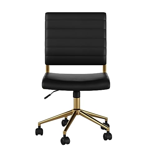 Martha Stewart Ivy Armless Swivel Task Chair for Home Office in Black Faux Leather with Polished Brass Frame