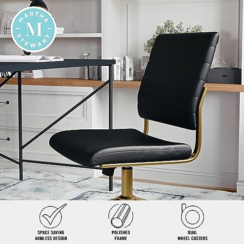 Martha Stewart Ivy Armless Swivel Task Chair for Home Office in Black Faux Leather with Polished Brass Frame