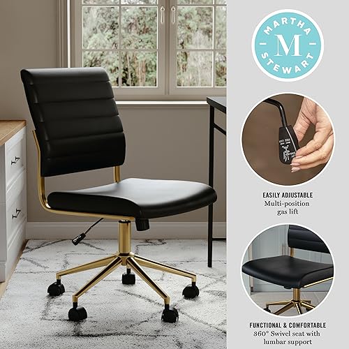 Martha Stewart Ivy Armless Swivel Task Chair for Home Office in Black Faux Leather with Polished Brass Frame