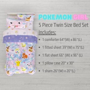 Franco Pokemon Girl Anime Kids Bedding Super Soft Comforter and Sheet Set with Sham, 5 Piece Twin Size, (Official Licensed Product)