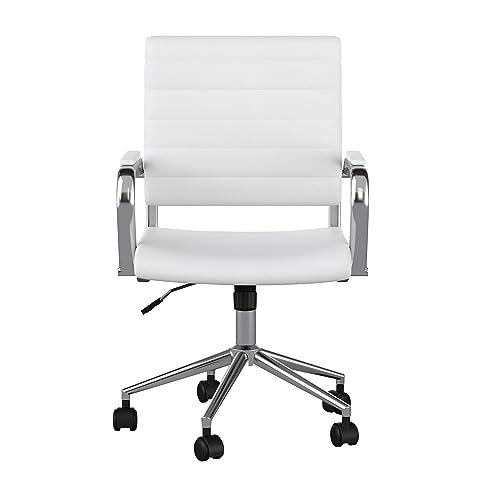 Martha Stewart Piper Swivel Task Chair with Armrests for Home Office in White Faux Leather with Polished Nickel Frame