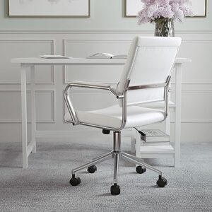 Martha Stewart Piper Swivel Task Chair with Armrests for Home Office in White Faux Leather with Polished Nickel Frame