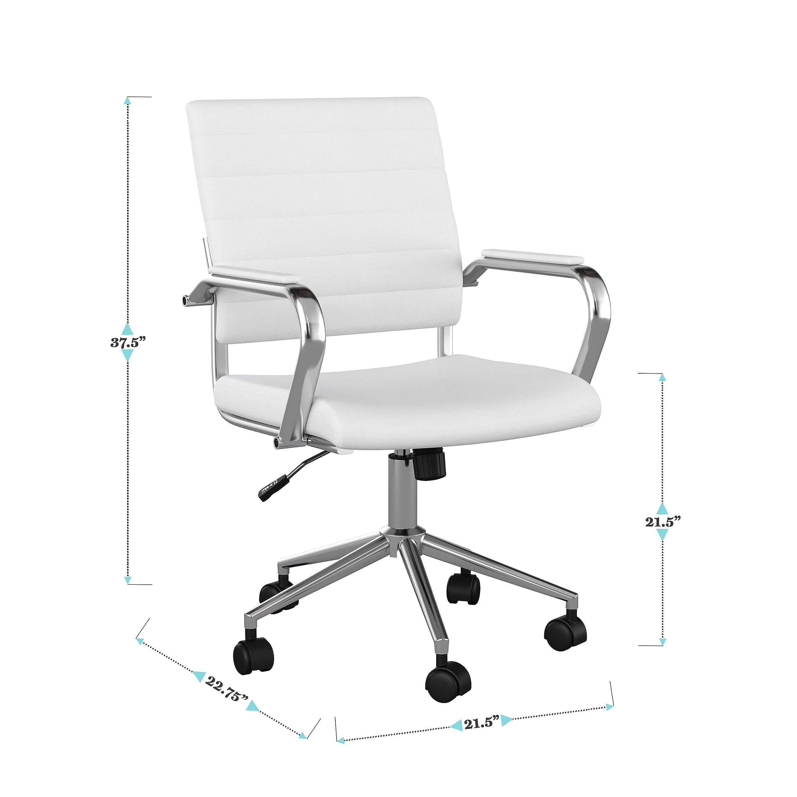 Martha Stewart Piper Swivel Task Chair with Armrests for Home Office in White Faux Leather with Polished Nickel Frame