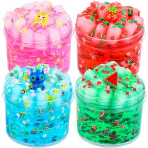 4 pack jelly cube crunchy slime kit, with red, blue, pink and green clear crunchy slime toy, super soft & non-sticky, stress relief toy for girls and boys, kids party favors and school education