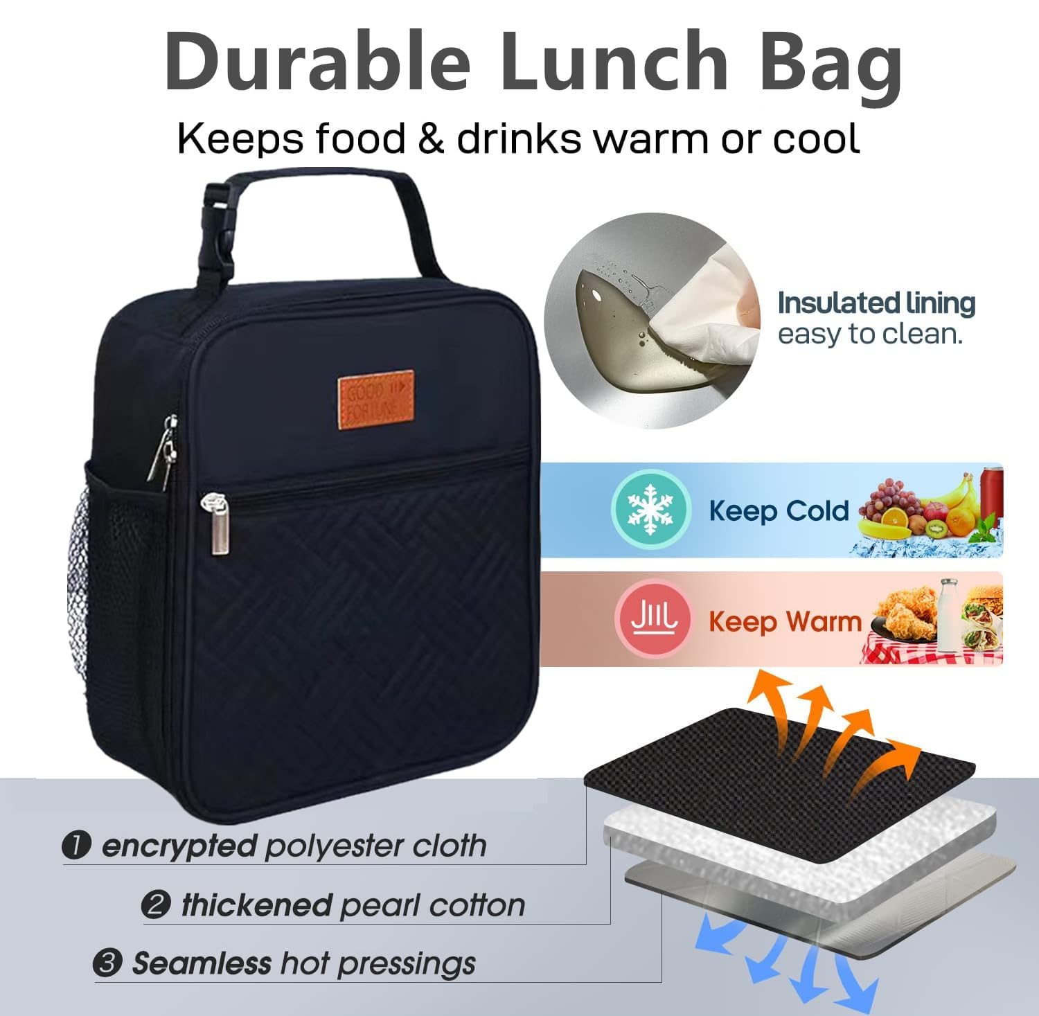 KITNOBLIS Lunch Box Insulated Lunch Bag Durable Small Lunch Bag Reusable Adults Tote Bag Lunch Box for Adult Men Women (BLACK)