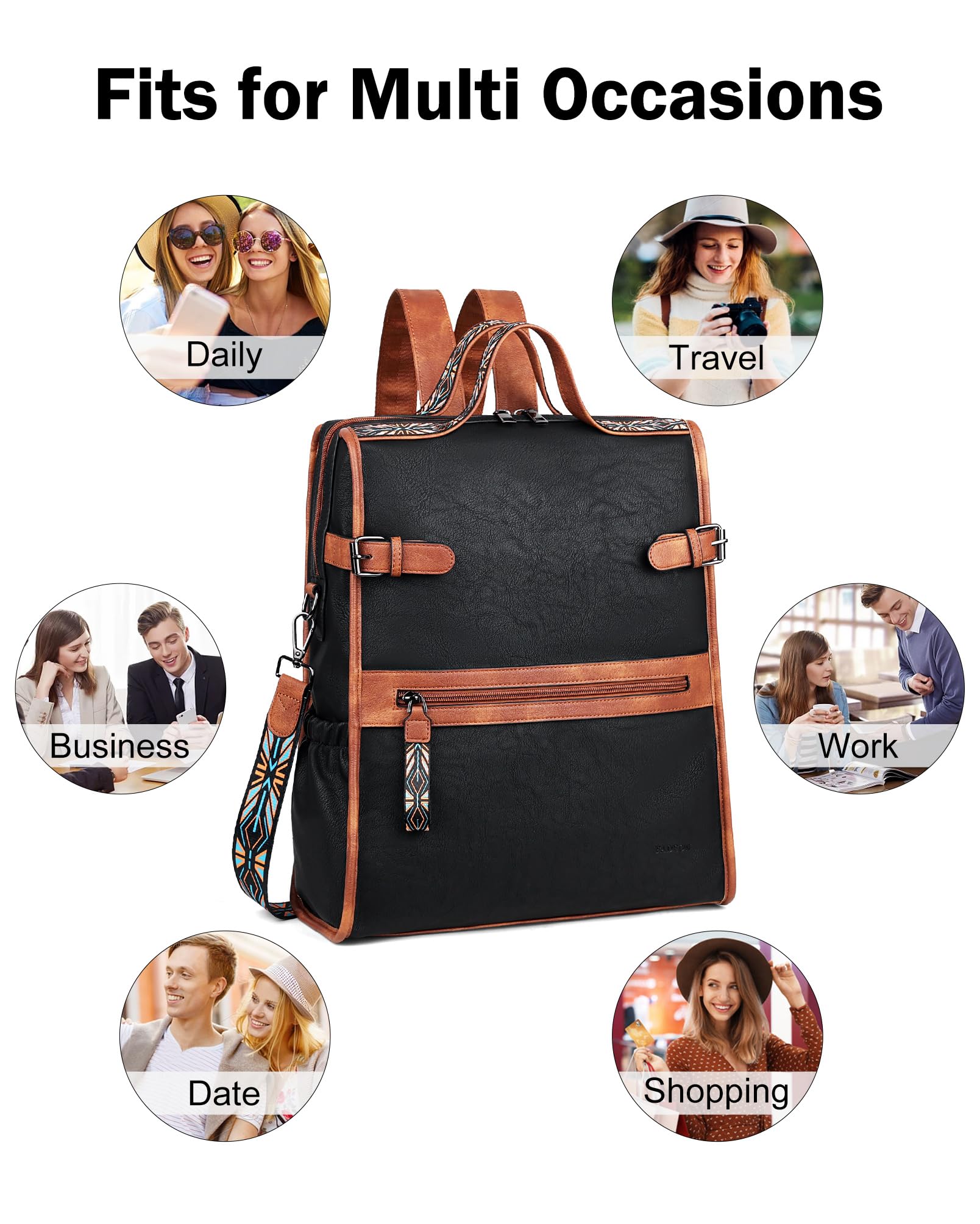 FADEON Leather Laptop Backpack for Women, Designer Ladies Work Travel Computer Backpack with Laptop Compartment Black Brown