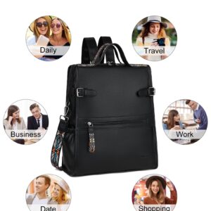 FADEON Leather Laptop Backpack for Women, Designer Ladies Work Travel Computer Backpack with Laptop Compartment Purse Black