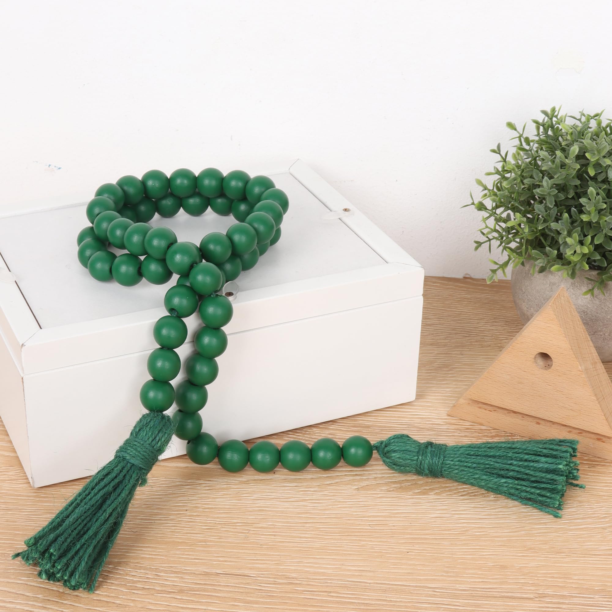 RAMIRABI St Patrick's Day Wood Beads Garland with Tassels Farmhouse Beads Rustic Prayer Beads Boho Beads for Boho Home Decor,Wall Hanging Decoration (Deep Green)