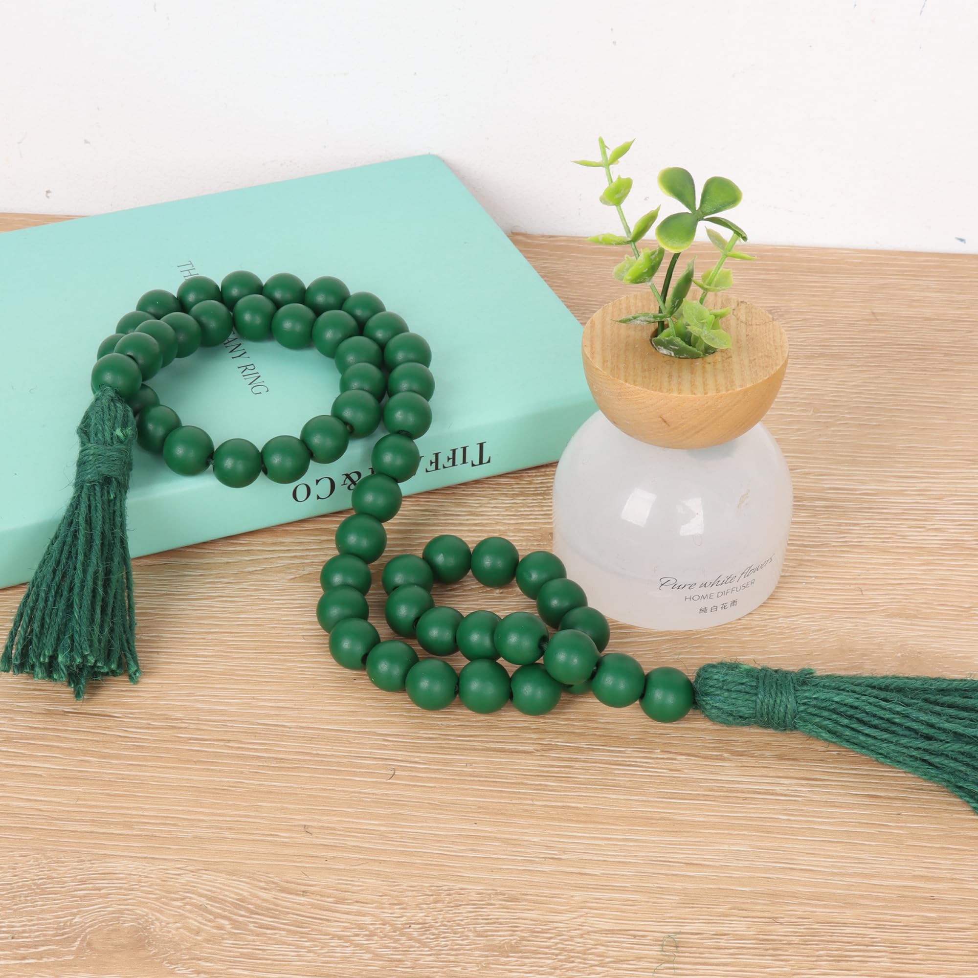 RAMIRABI St Patrick's Day Wood Beads Garland with Tassels Farmhouse Beads Rustic Prayer Beads Boho Beads for Boho Home Decor,Wall Hanging Decoration (Deep Green)