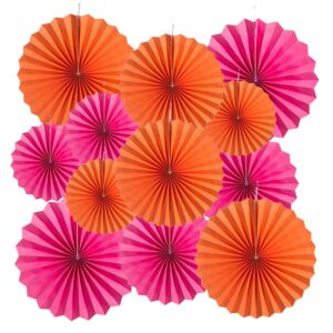 mowo hot pink and orange paper fans wall decoration background ceiling hanging decoration for fall autumn thank's giving baby shower graduation birthday theme party decoration, 12pc