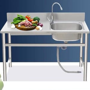 hczion industrial sink w/workbench utility sink freestanding stainless steel sink commercial restaurant sink 1 compartment washing hand basin with storage shelves (color : cold water)