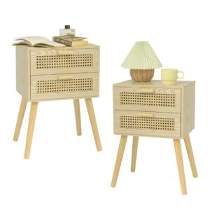 AWASEN Rattan NightStand Set 2, Nightstand Set of 2 with Drawers, Bedside Table with Storage and Solid Wood legs, Rattan Side Table End Table for Bedroom (Natural)