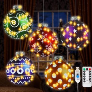 Baquler 5 Pcs 12 Inch Christmas Ball Window Lights Decorations Lighted Holiday Window Silhouette 8 Modes USB Powered with Remote Timer Light up Christmas Display Hanging Ornaments for Indoor Outdoor