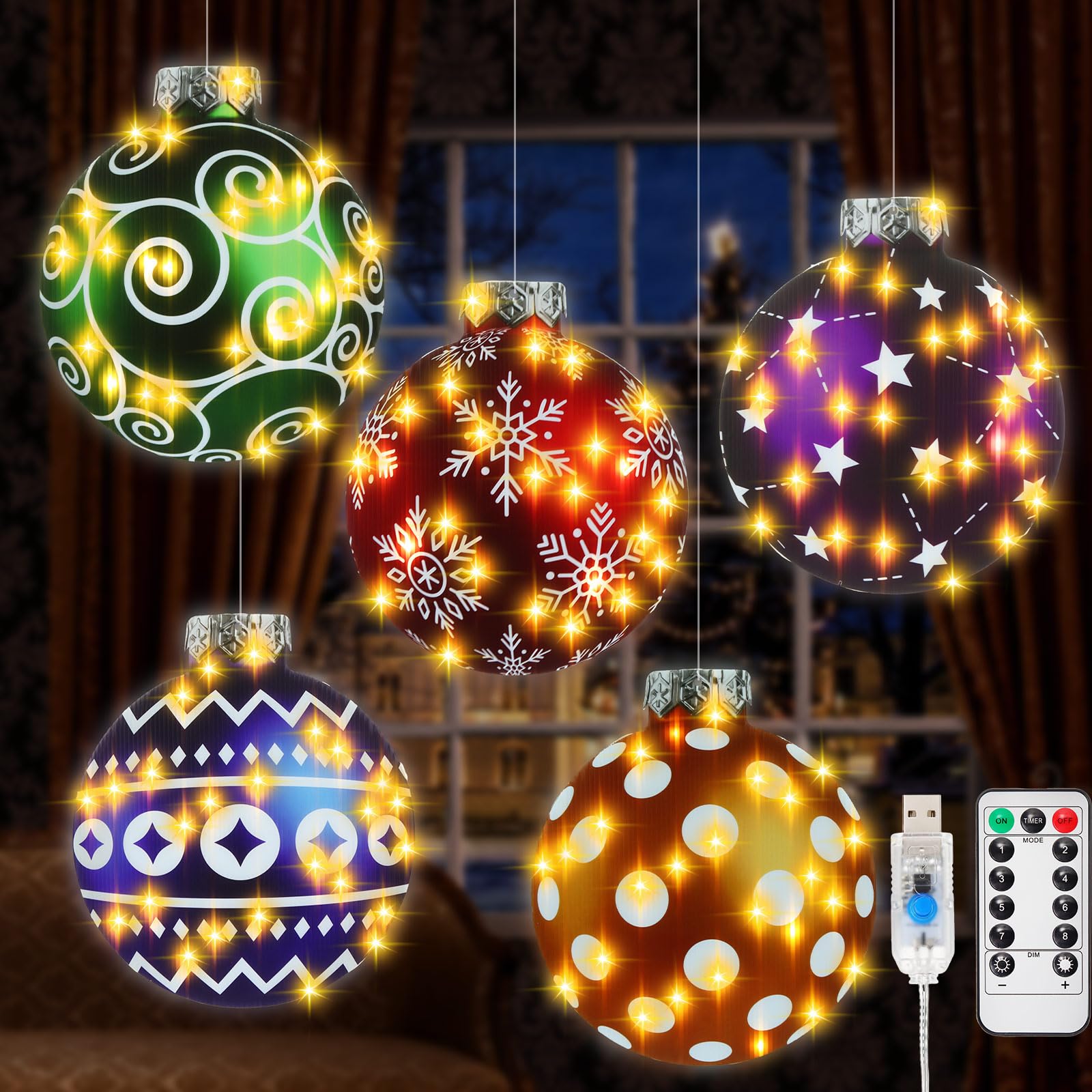 Baquler 5 Pcs 12 Inch Christmas Ball Window Lights Decorations Lighted Holiday Window Silhouette 8 Modes USB Powered with Remote Timer Light up Christmas Display Hanging Ornaments for Indoor Outdoor