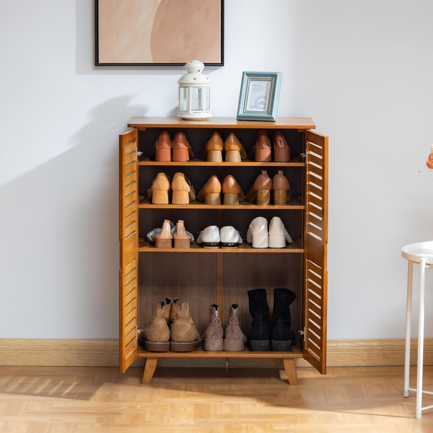 Shoe Storage Cabinet, 4 Tier 5 tier Bamboo Shoe Organizer with Doors, Shoe Cabinet with 2 Doors for Entryway, 4 Tier Shoe Storage Cabinet for Closet, Living Room, Bedroom