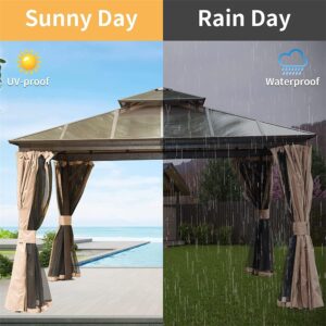 RITSU 12'x12' Gazebo, Hardtop Permanent Outdoor Gazebo with Polycarbonate Double Roof, Aluminum Canopy Pavilion with Curtain and Net for Garden, Patio, Lawns, Deck, Backyard, Brown