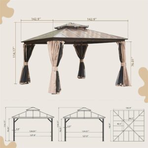 RITSU 12'x12' Gazebo, Hardtop Permanent Outdoor Gazebo with Polycarbonate Double Roof, Aluminum Canopy Pavilion with Curtain and Net for Garden, Patio, Lawns, Deck, Backyard, Brown