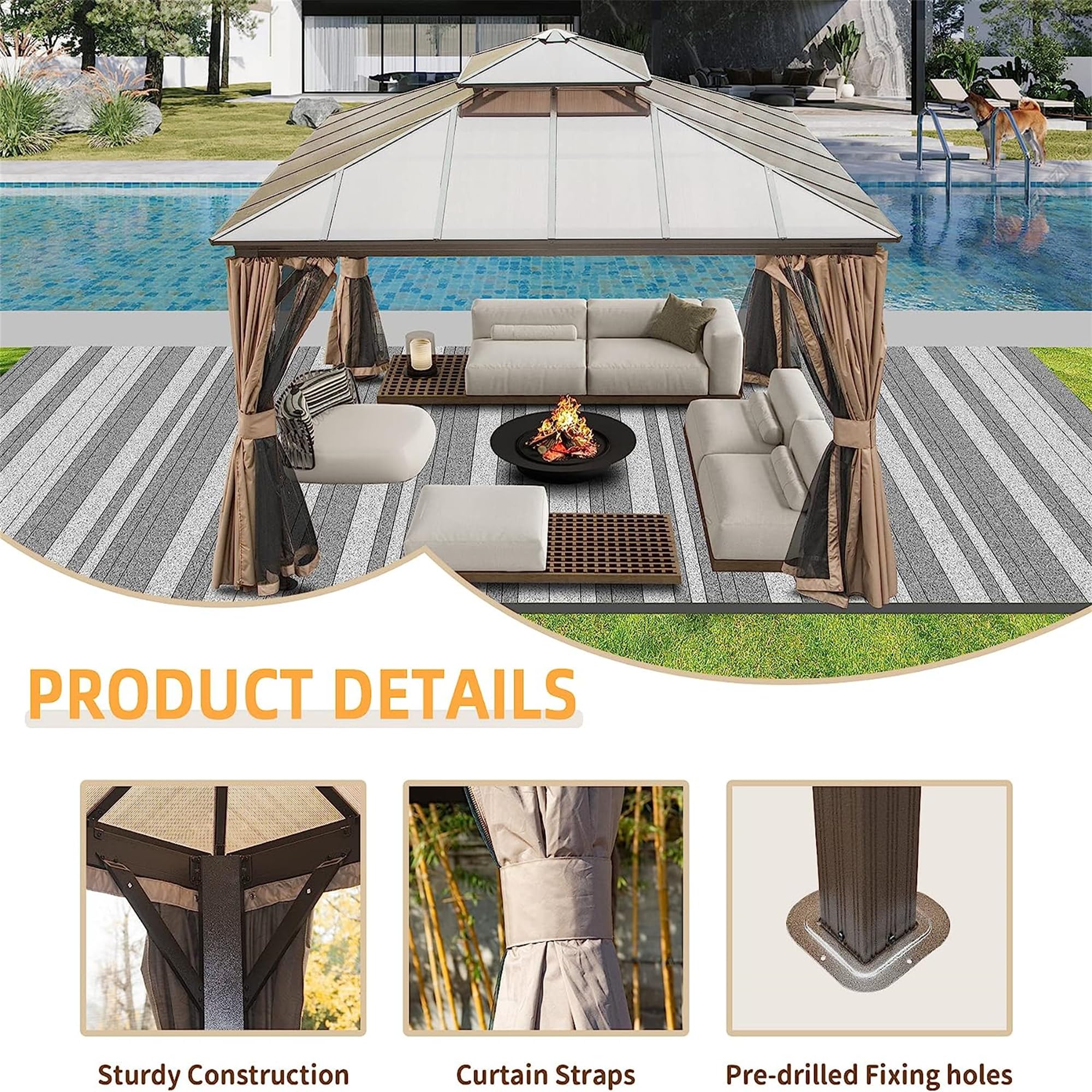 RITSU 12'x12' Gazebo, Hardtop Permanent Outdoor Gazebo with Polycarbonate Double Roof, Aluminum Canopy Pavilion with Curtain and Net for Garden, Patio, Lawns, Deck, Backyard, Brown