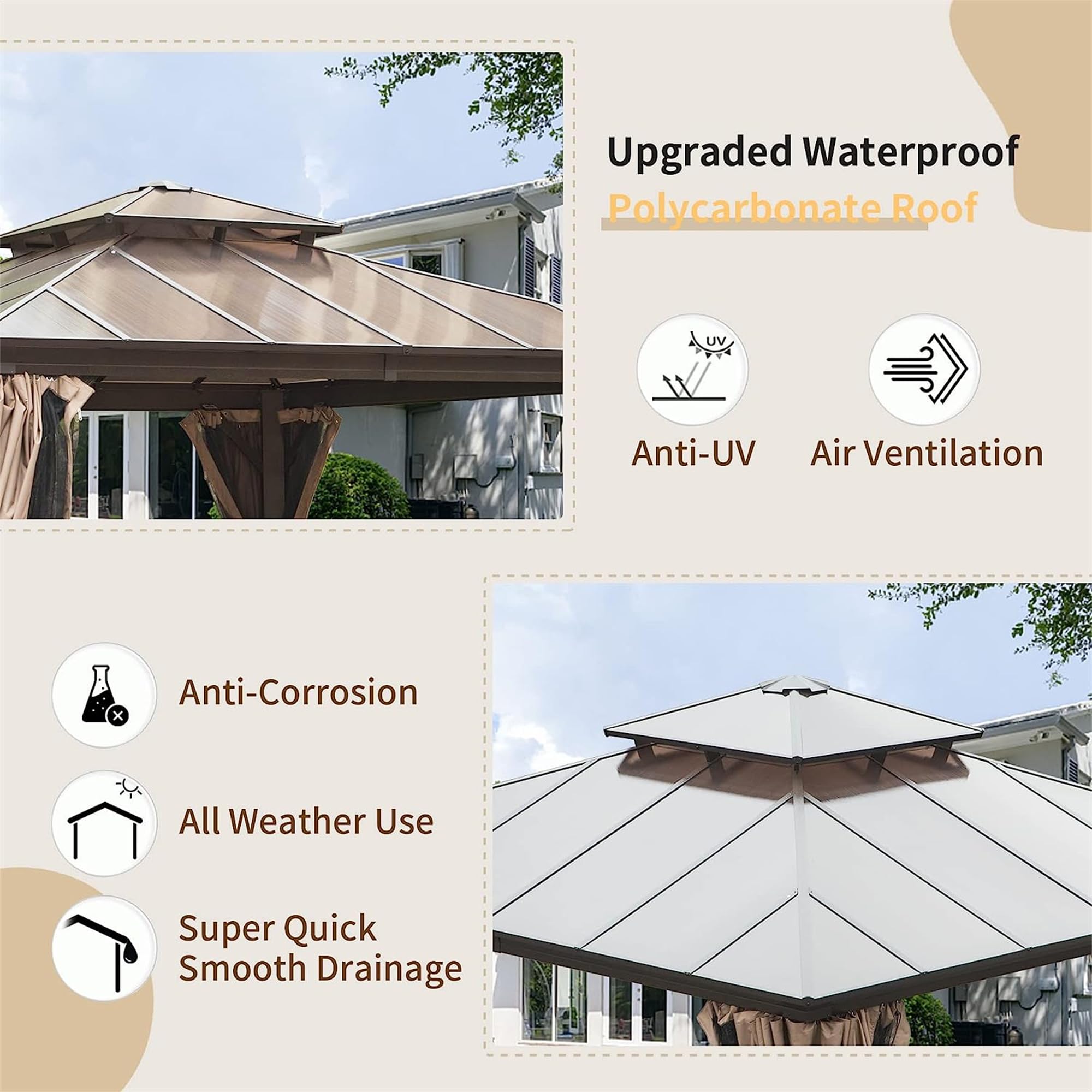 RITSU 12'x12' Gazebo, Hardtop Permanent Outdoor Gazebo with Polycarbonate Double Roof, Aluminum Canopy Pavilion with Curtain and Net for Garden, Patio, Lawns, Deck, Backyard, Brown