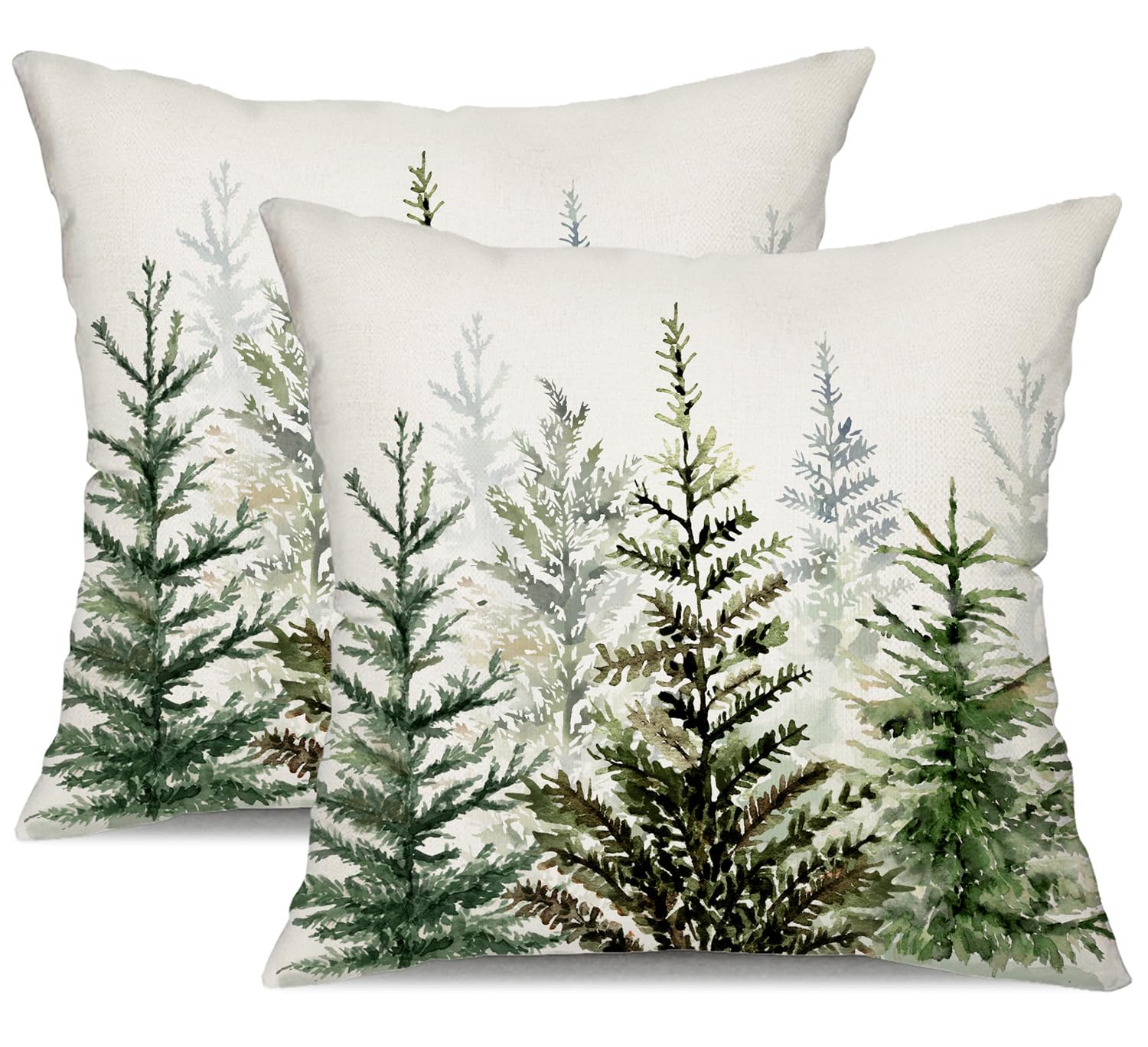 DFXSZ Christmas Pillow Covers 18x18 inch Set of 2 Watercolor Blue Green Christmas Tree Rustic Style Nature Forest Print Decorative Throw Pillows Winter Christmas Decor TH-32B18