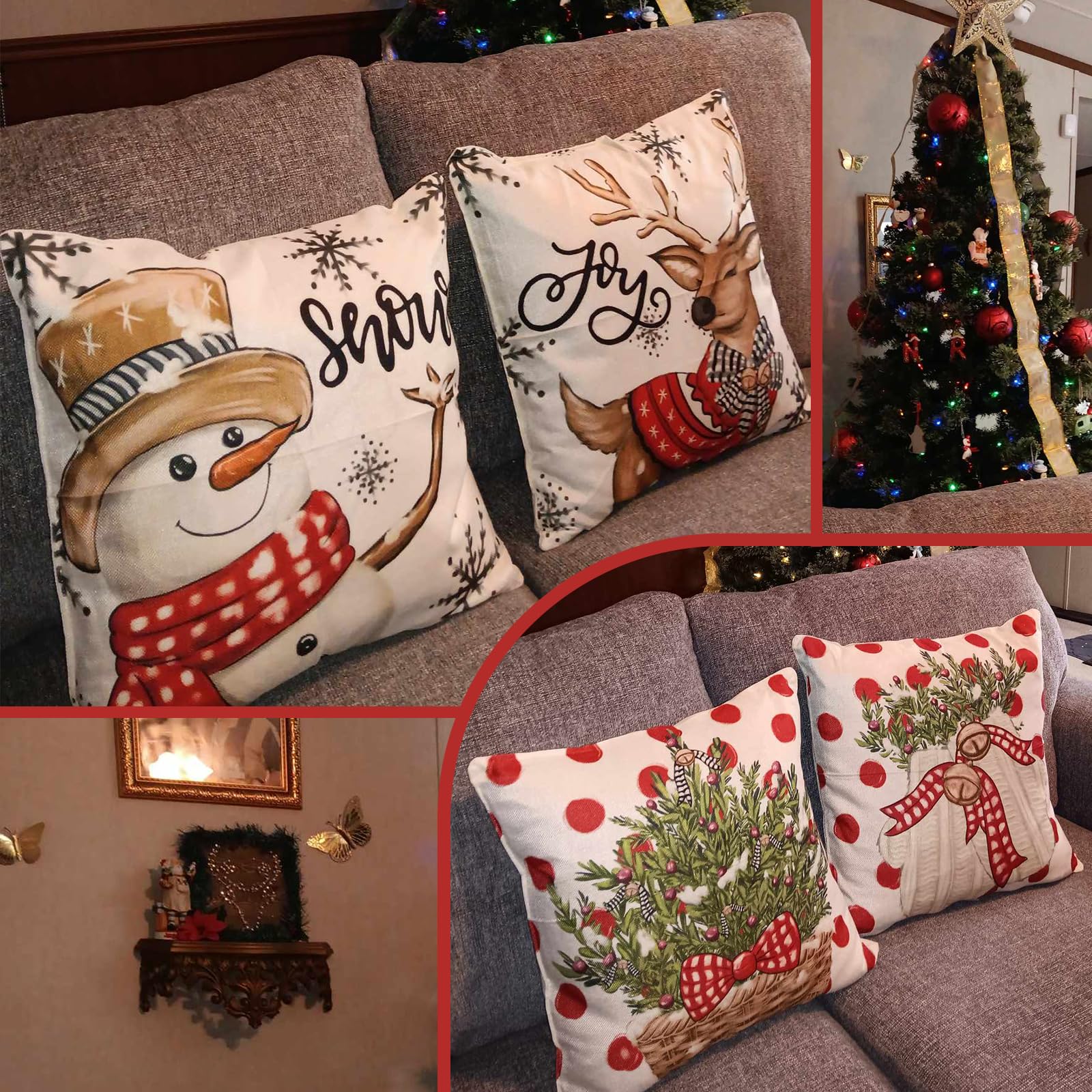 LITIVY Christmas Decor Pillow Covers Set of 4 Decorative Throw Pillowcase for Winter Xmas Holiday Home Decor for Sofa Couch (Christmas Tree Snowman Gloves Deer) (18"x18", Red)