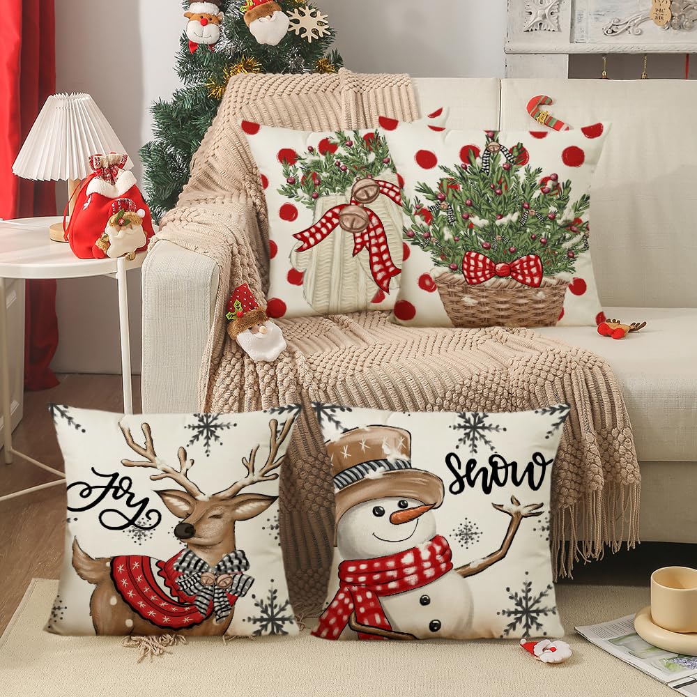 LITIVY Christmas Decor Pillow Covers Set of 4 Decorative Throw Pillowcase for Winter Xmas Holiday Home Decor for Sofa Couch (Christmas Tree Snowman Gloves Deer) (18"x18", Red)